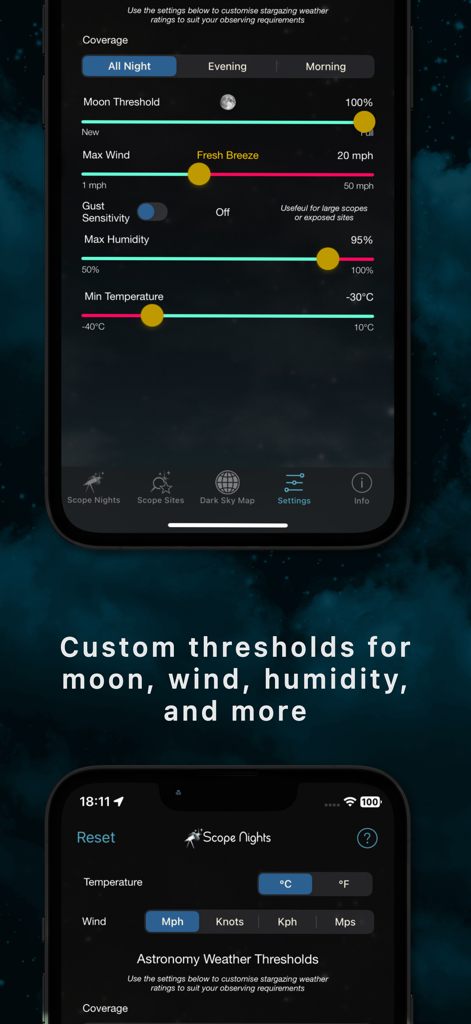 Scope Nights Astronomy Weather - Screenshot of Scope Nights app showing custom settings for moon phase, wind, humidity, and temperature to optimize stargazing conditions.