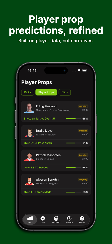 AI Powered Picks - Heatpicks - Interfaz de la aplicación Heatpicks que muestra predicciones de props de jugadores impulsadas por IA y calificaciones de confianza.