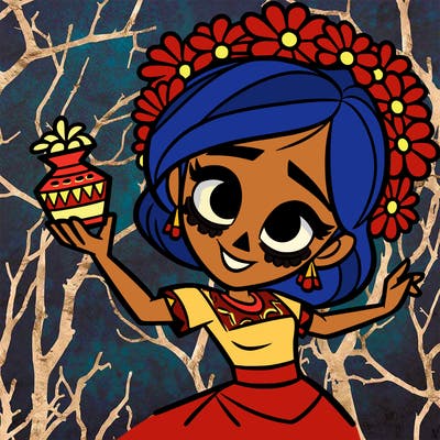 a disney style day of the dead woman.