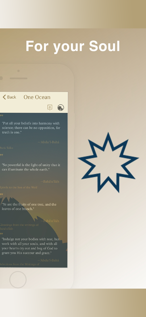 Baha'i Library - One Ocean 4.0 - iPhone screen displaying Baha'i spiritual quotes and a nine-pointed star symbol in the One Ocean app.