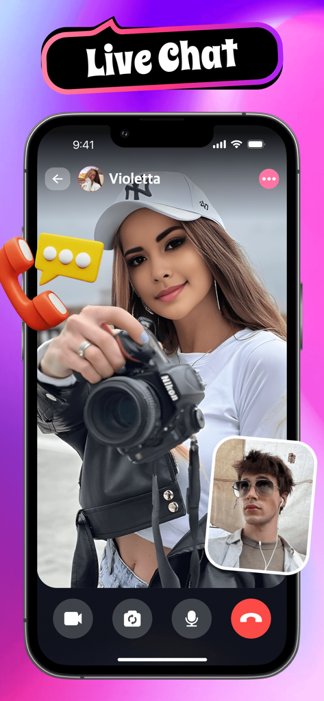 ChatOnline: Live Video Call - ChatOnlineアプリのライブビデオ通話インターフェースで、女性のストリート写真家が表示されています