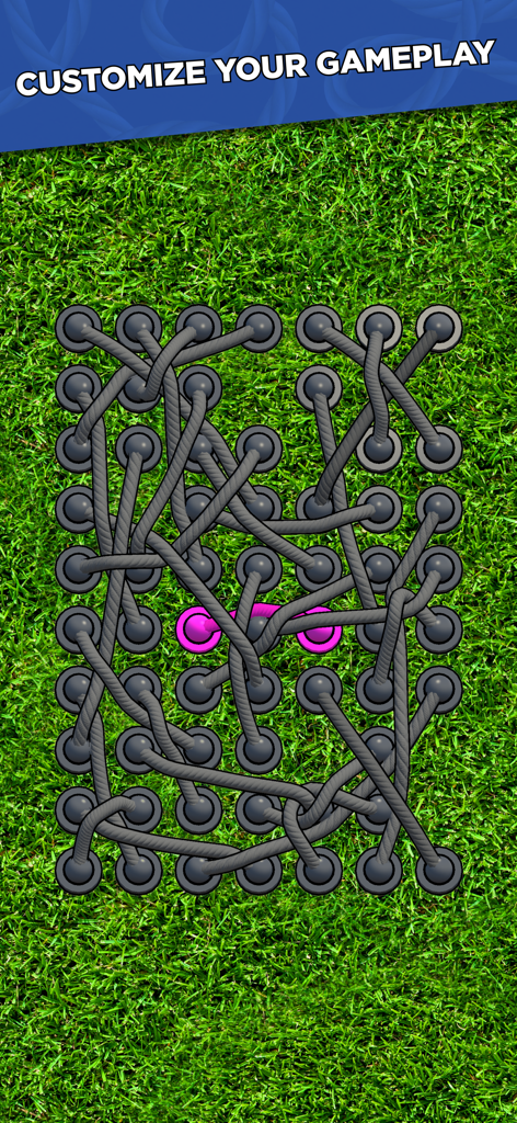Twisted Ropes: Untangle 3D - A gameplay screenshot of Twisted Ropes Untangle 3D showing tangled grey and pink ropes on a grass background