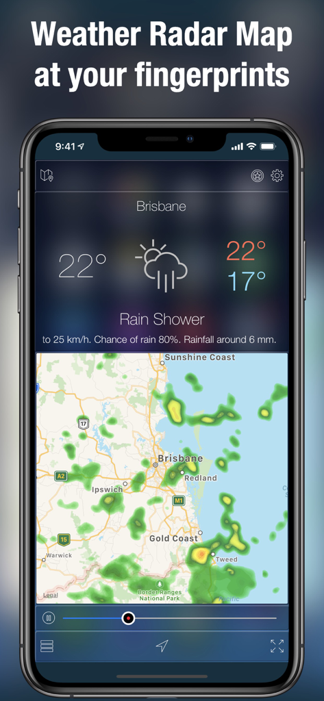 Doppler Radar Map Live Pro - A weather app interface displaying a live doppler radar map and rain shower forecast on an iPhone.