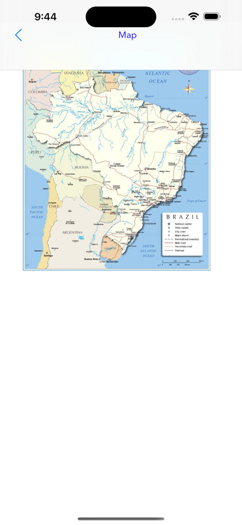 Countries! - Un mapa geográfico detallado de Brasil que muestra las principales ciudades y sistemas fluviales dentro de la interfaz de la aplicación Países.