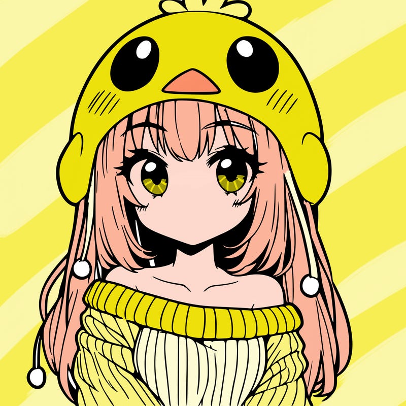 anime girl with chick shaped hat with sweater with bare shoulders with bangs covering them one eye with low tail