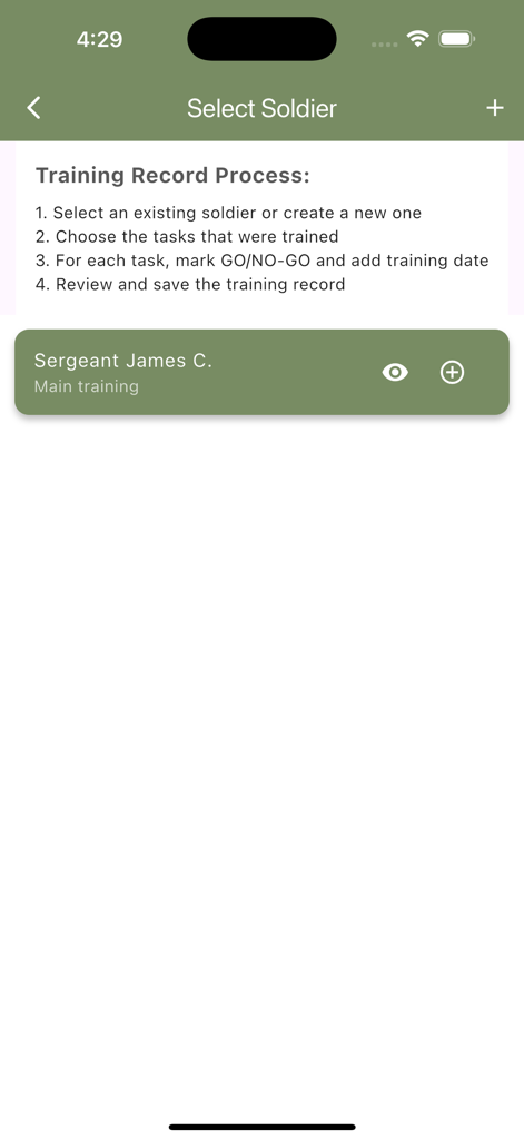 Select Soldier screen in the Expert Soldier Badge app showing the training record process and soldier list.