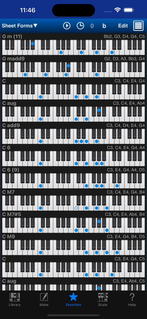 Piano Kit - Piano Chords - A vertical list of piano chord diagrams showing keyboard fingerings and names within the Piano Kit app