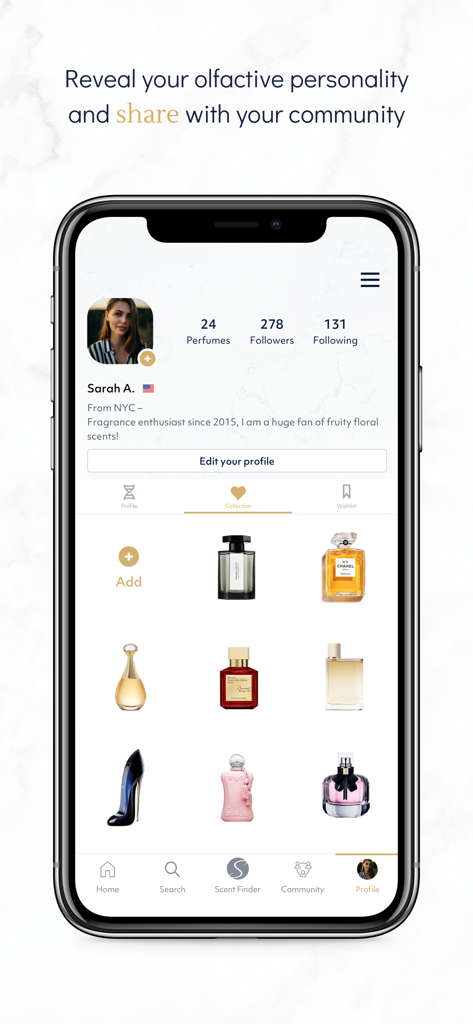 Sniff. - User profile screen on Sniff app featuring a personal perfume collection and social networking statistics