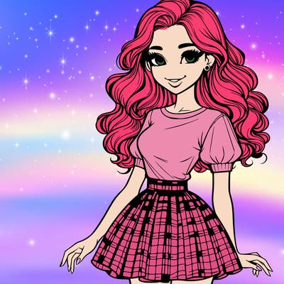 a realistic girl with long 50s wavy hair and a t-shirt with balloon sleeves and a checked mini skirt and beautifull smile