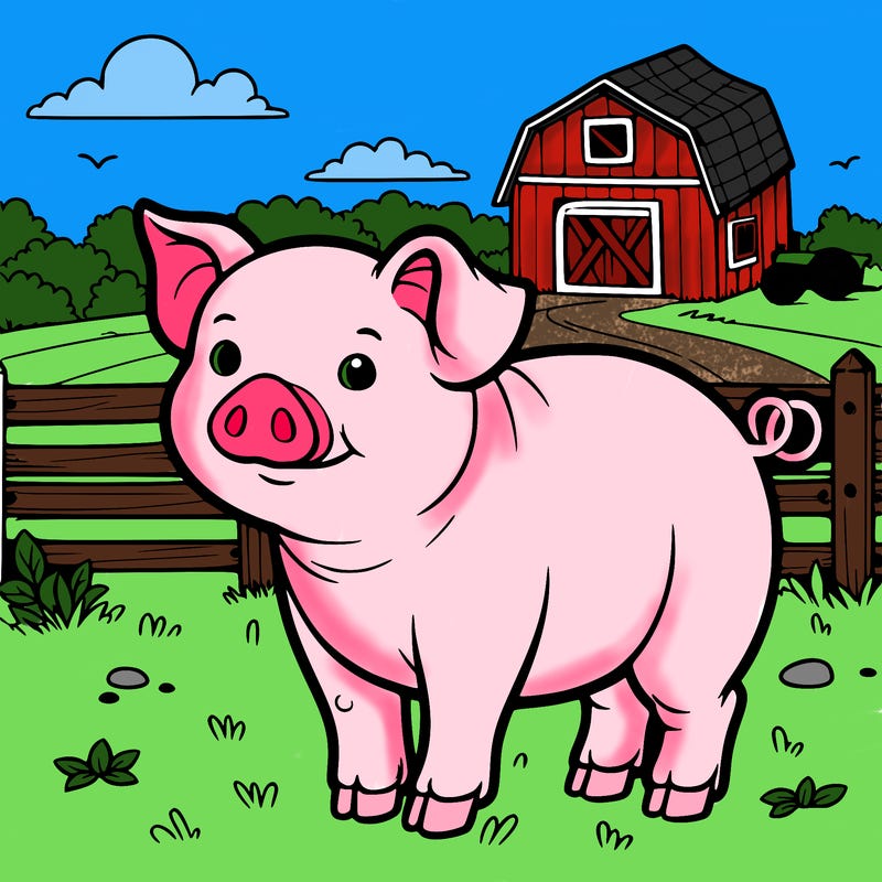 a realistic pig with a farm in the background