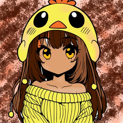anime girl with chick shaped hat with sweater with bare shoulders with bangs covering them one eye with low tail