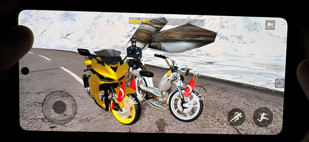 CG Moto Online - Motorcycle - Two customized motorcycles parked on a road with snowy mountains in CG Moto Online
