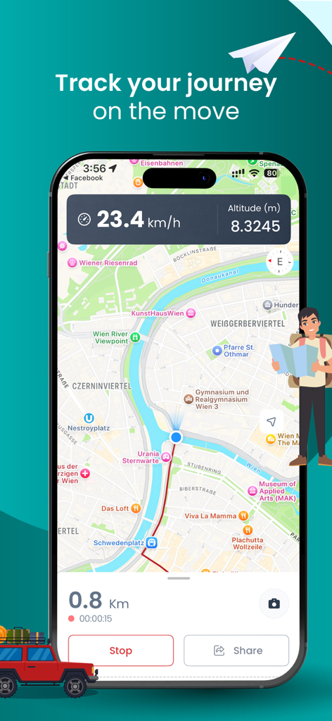 Mobile app interface of Track My Journey showing a real-time GPS route on a map with speed and altitude statistics