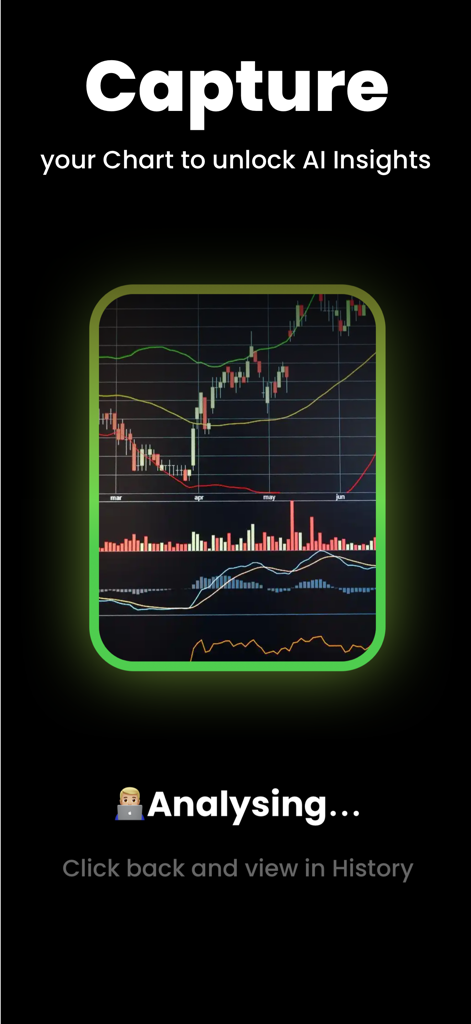 Chart AI : AI Chart Analyzer - Tela do aplicativo Chart AI mostrando um gráfico de candlesticks sendo analisado para insights de negociação