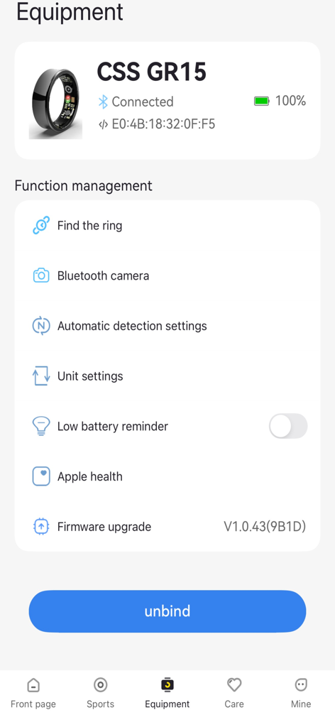 H wear Pro - H wear Pro app Equipment screen showing CSS GR15 smart ring status and function management options like Bluetooth camera and Apple Health sync.