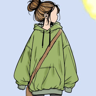 realistic girl with a oversized sweatshirt on and a bun