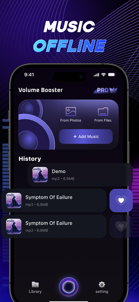 Interface do aplicativo Max Volume mostrando histórico de música offline e recursos de gerenciamento de biblioteca em um iPhone.