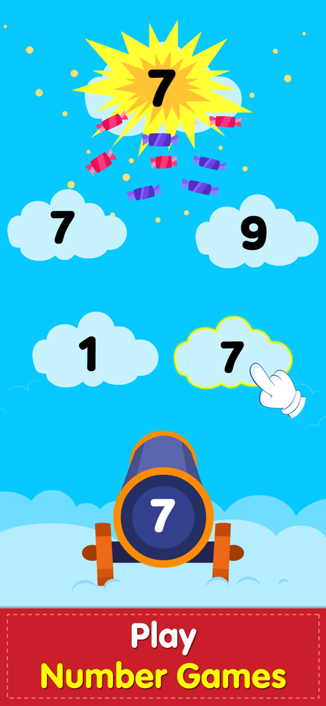 123 Number Math Games for Kids - Juego educativo de matemáticas para niños con un cañón de números y nubes