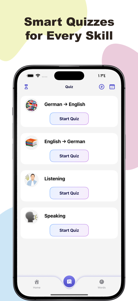Kalimati -Learn a new language - Captura de pantalla de la aplicación Kalimati mostrando varias opciones de cuestionarios inteligentes para el aprendizaje de idiomas, incluyendo traducción, escucha y expresión oral.