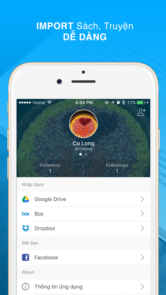 A screen in the aBooks app showing options to import books and stories from Google Drive, Box, and Dropbox.