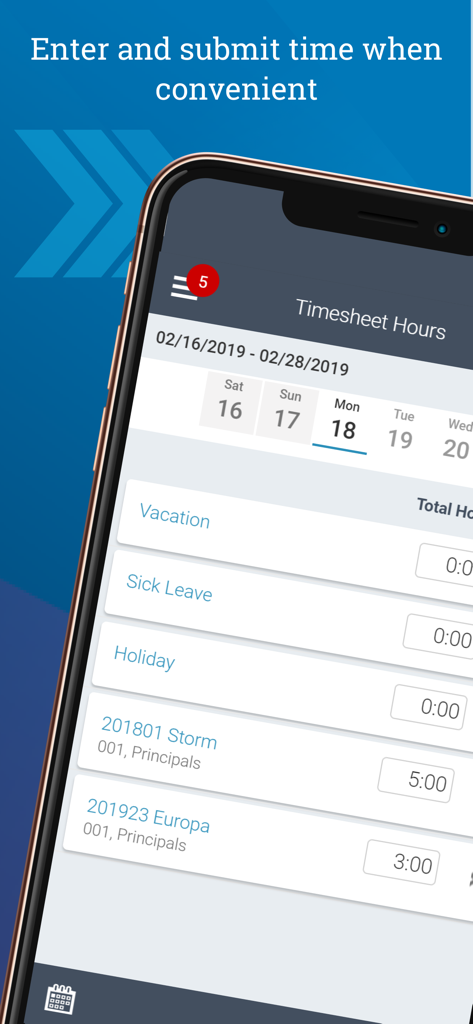 Deltek T&E for Vantagepoint - A mobile phone screen displaying the Deltek Vantagepoint time entry interface where a user can enter and submit hours for projects and leave.