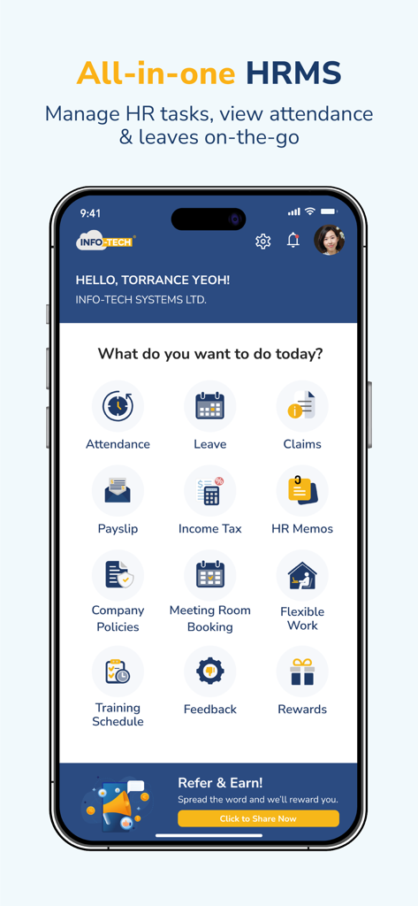 INFOTECH HRMS mobile app dashboard displaying all-in-one HR tasks including attendance leave and payslips