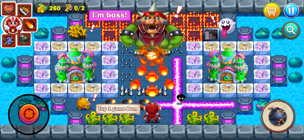 Bomber Classic- Bomberman - Gameplay screenshot of Bomber Classic showing a boss battle with a giant green monster and fire obstacles in a retro grid level