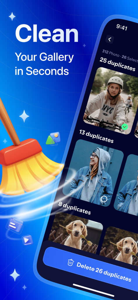 Cleaner Rocket - Cleaner Rocket app interface showing a gallery cleanup feature with identified duplicate photos and a delete button.