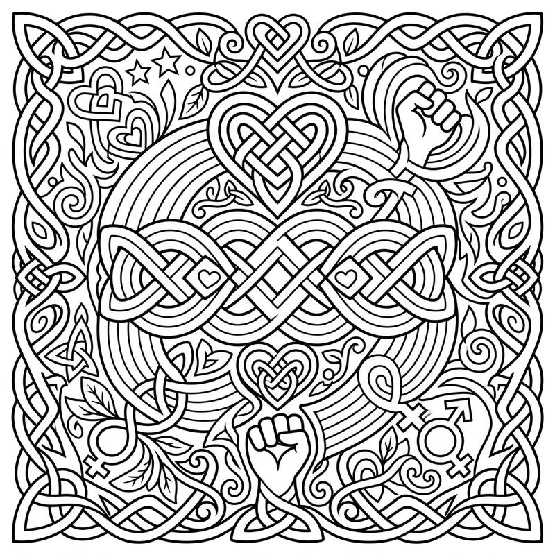 Immerse yourself in this stunning Celtic Knot design, beautifully intertwined with symbols of Pride, love, and solidarity. This intricate coloring page offers a meaningful way to celebrate diversity and express your creativity.