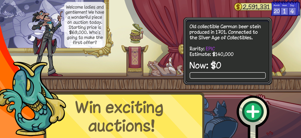 Dealer's Life 2 - A cartoonish auction scene in Dealers Life 2 featuring an epic collectible German beer stein