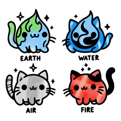 4 cats that represent the different elements, earth, water, air, and fire