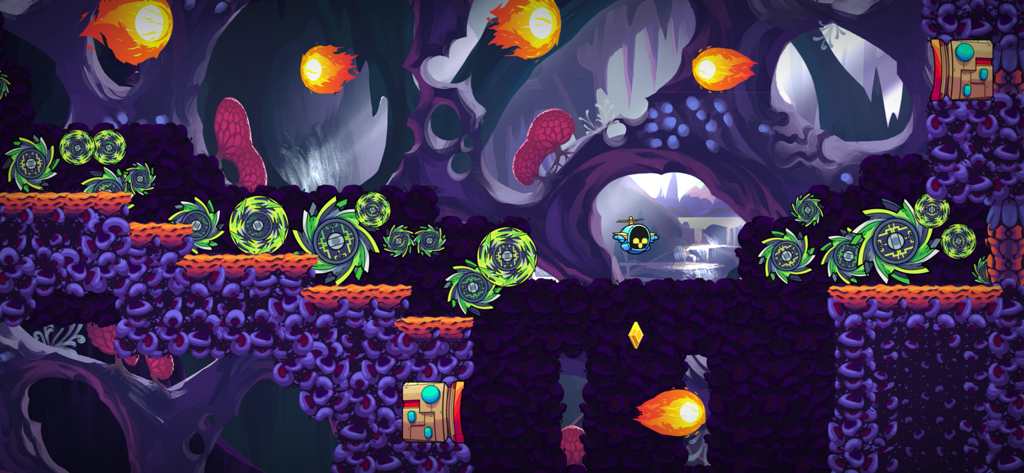 Gameplay screenshot of Levelhead showing the GR-18 robot navigating a cavernous level filled with circular saws and fireballs.