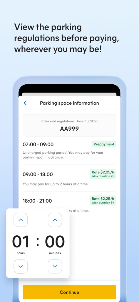 Interface of Mobicité app showing parking space information and hourly rates in Montreal