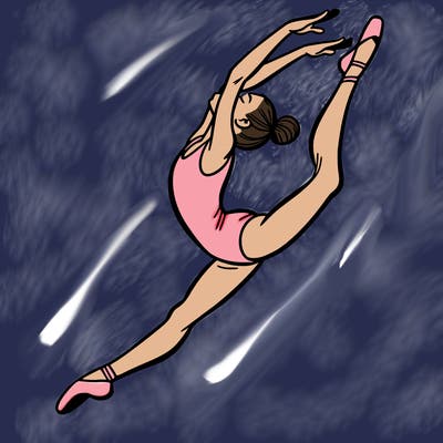 gymnast doing a leap in a leotard with a bent back leg