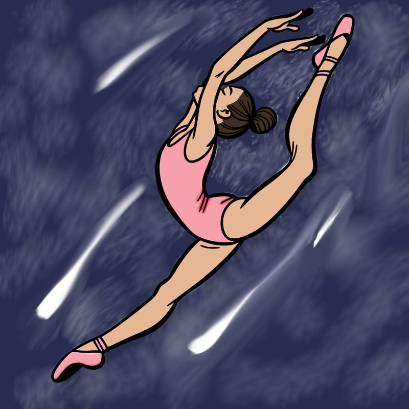 gymnast doing a leap in a leotard with a bent back leg