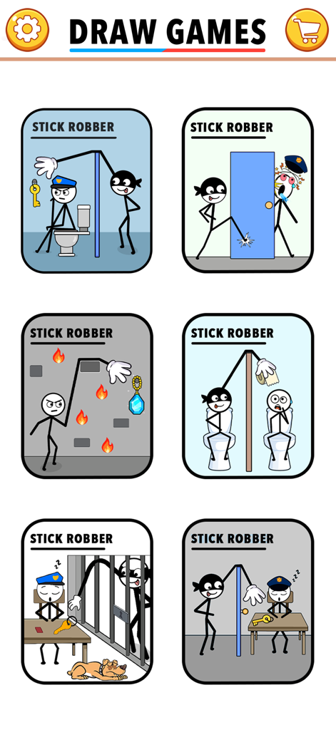 Selection screen for Stick Robber puzzles in the Single Line Draw app showing various level challenges.