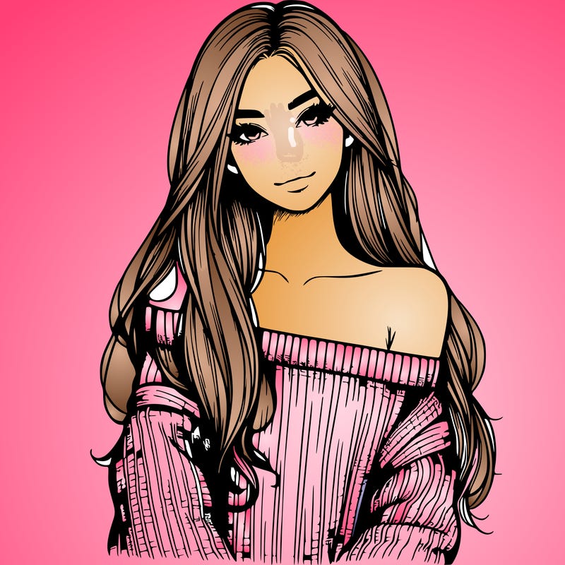 realistic girl with long hair wearing an off the shoulder sweater