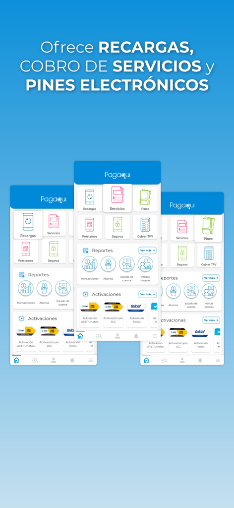 Pagaqui V2 - Interface of Pagaqui V2 mobile app showing transaction services like top-ups, bill payments, and reports for small business owners.