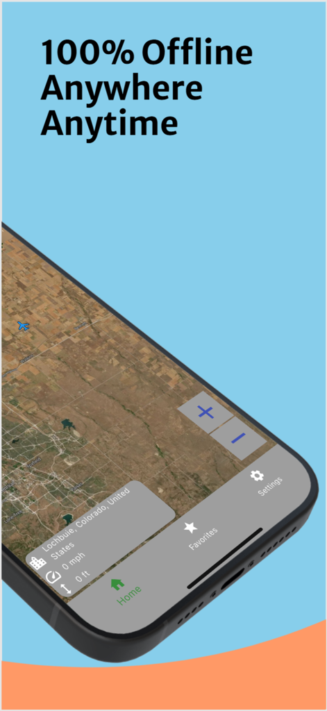 Interfaz de la aplicación Vista de Ventana que muestra un mapa satelital sin conexión con datos de seguimiento de vuelo sobre Colorado