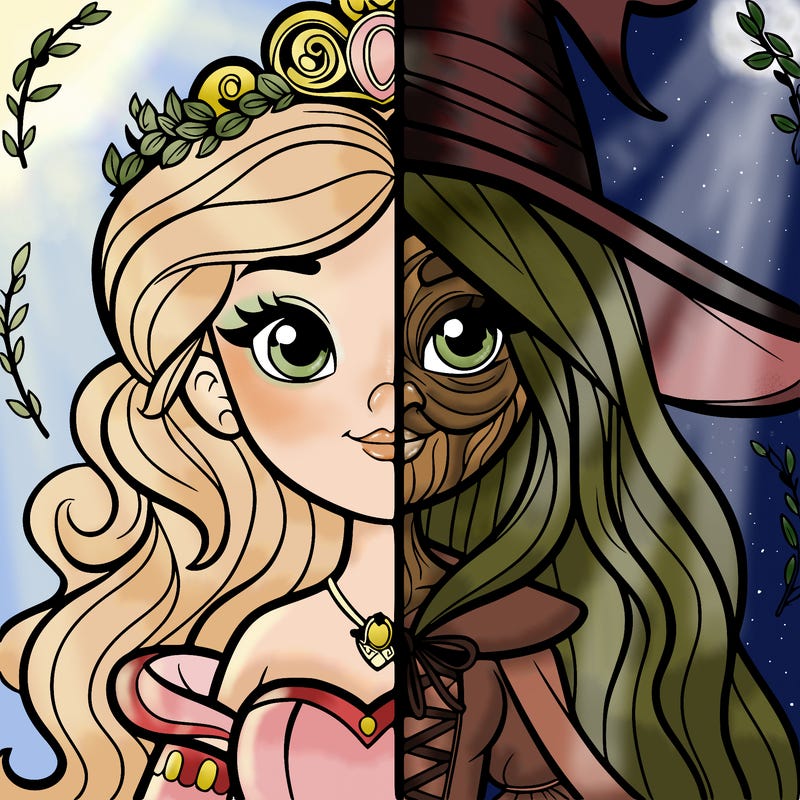 detailed realistic split of a princess and a witch