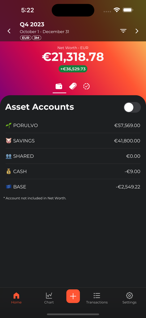 Abacus for Firefly III - Mobile dashboard of Abacus for Firefly III showing total net worth and a list of asset accounts.