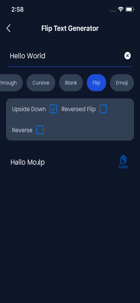 Stylish Text Generator App - Screenshot of the Flip Text Generator screen showing the input Hello World and the upside down flipped output with a copy button.