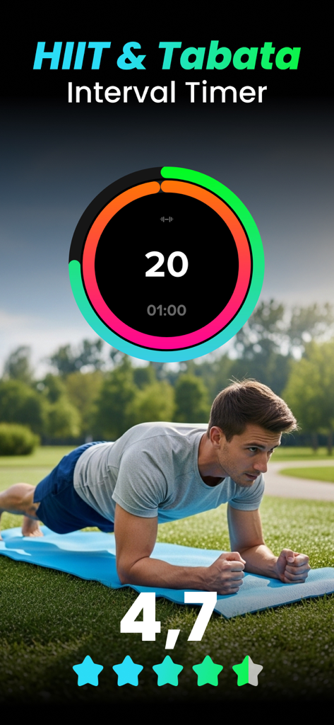 HIIT & Tabata: Interval Timer - Hombre realizando un ejercicio de plancha en un parque con la interfaz de la aplicación del temporizador de intervalos HIIT y Tabata