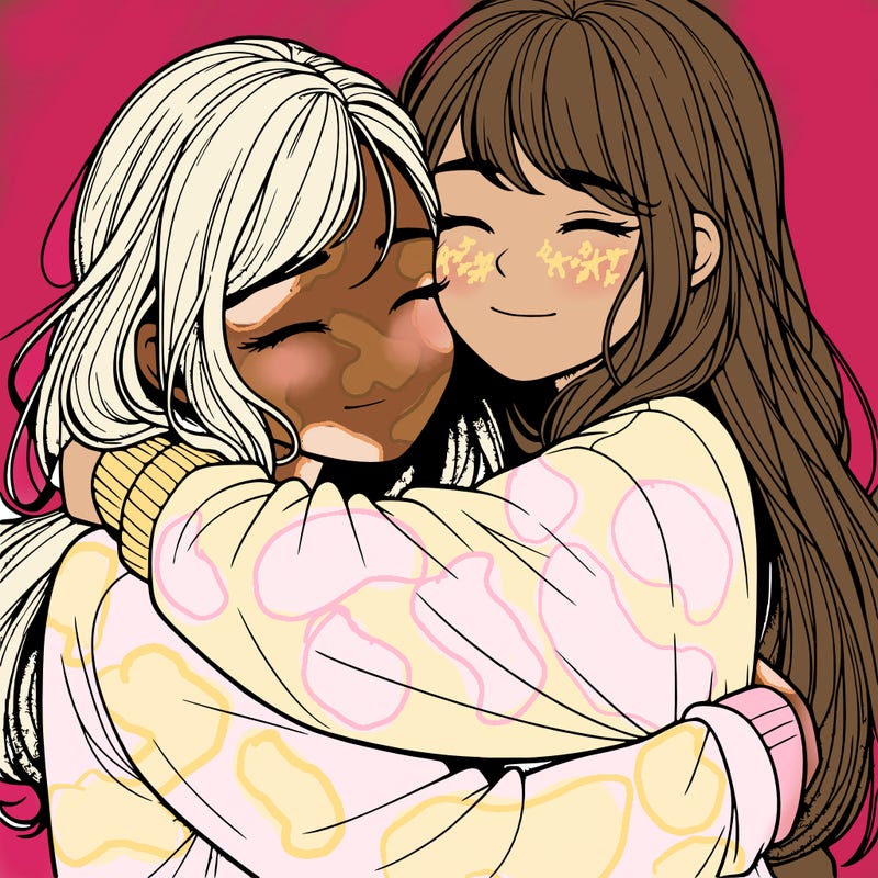 realistic two girls hugging
