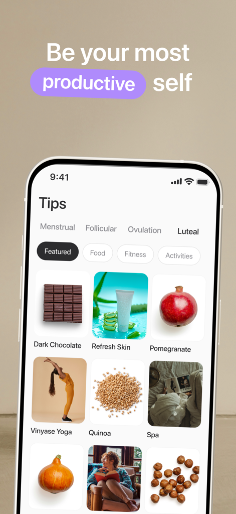 Harmony: Cycle Syncing, Period - Interfaccia dell'app Harmony che mostra consigli personalizzati per il benessere per la fase luteale del ciclo, inclusi suggerimenti su dieta ed esercizio fisico.