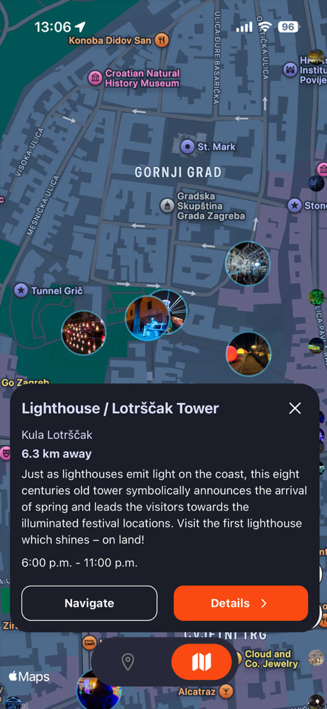 FoL Zagreb - Vista del mapa en la aplicación FoL Zagreb mostrando las instalaciones del festival y detalles de la Torre Lotrscak