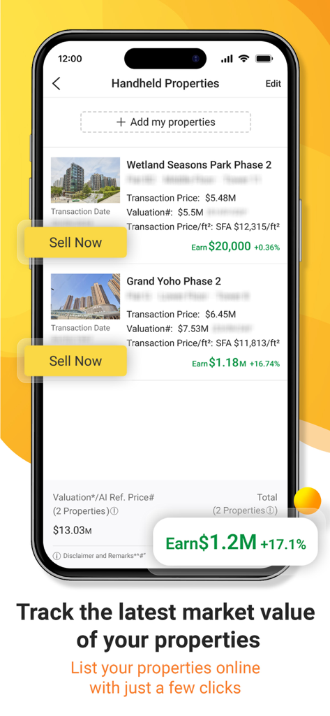 Interface de l'application Midland Realty pour le suivi des valeurs marchandes des biens immobiliers et la publication d'annonces de vente.