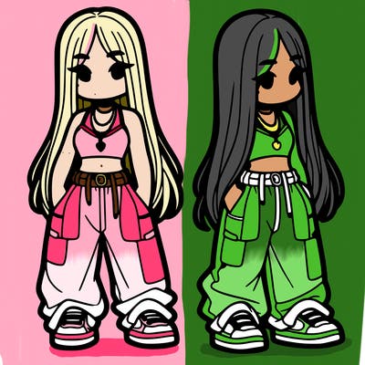 girl in baggy pants crop top and long hair