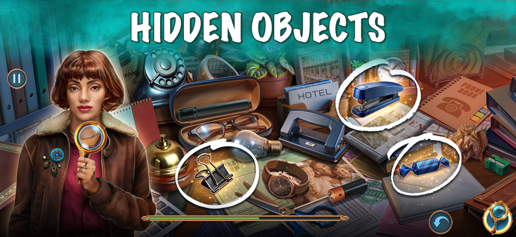 Hidden Objects: Mysteries F2P - La investigadora forense Emily Rivers encontrando objetos ocultos en un escritorio en un juego de misterio