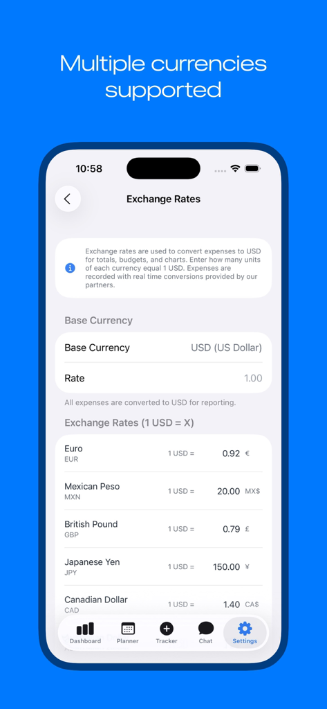 La pantalla de configuración de múltiples monedas en la App de Presupuesto Familiar y del Hogar que muestra tipos de cambio para monedas globales.